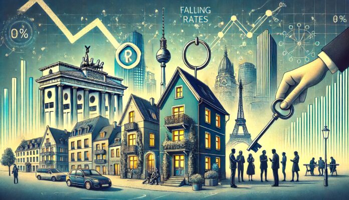 immobiliereneurope_Les baisses des taux d’intérêt directeurs et leur impact sur l’immobilier européen en 2025_DALL·E- A European urban taux d’intérêt directeurs
