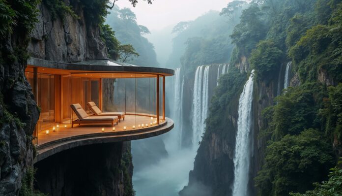 immobilier-europe_Maison de montagne, le rêve perché sur l’impossible_luxury-retreat-overlooking-majestic-waterfalls Maison de montagne